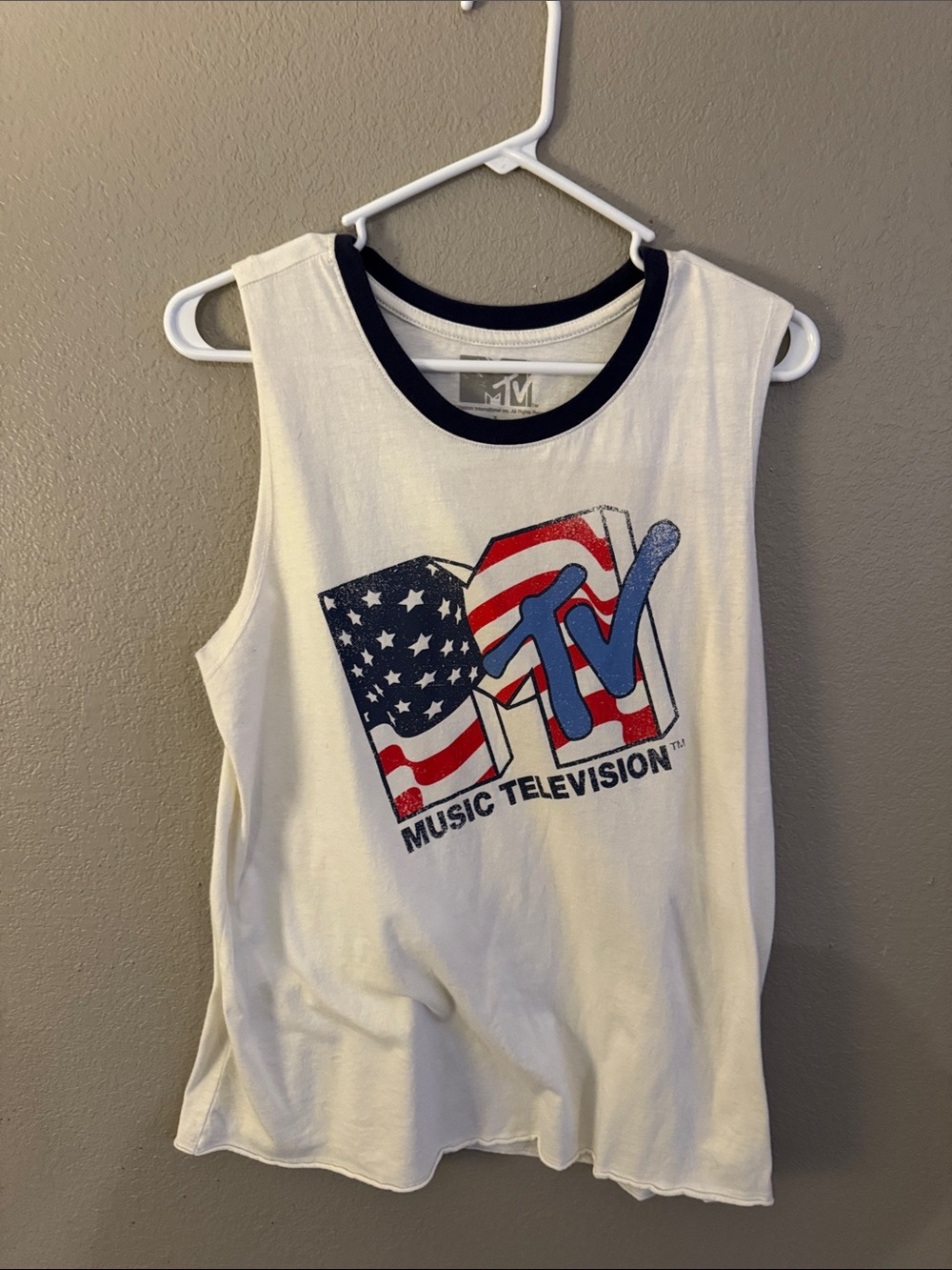 MTV White Tank with Red, Blue & Navy Flag Logo. Size L